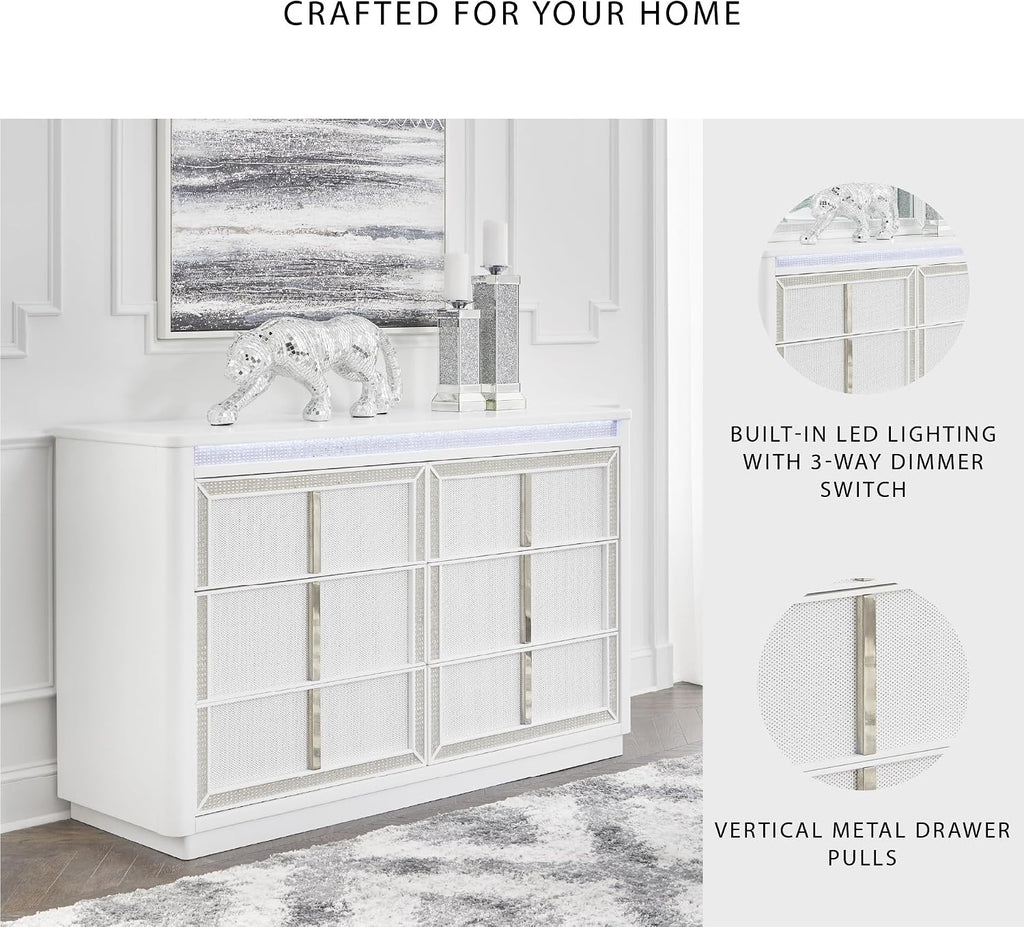 Signature Design by Ashley Chalanna Contemporary Dresser with 6 Drawers, Built-in LED Lighting, Rhinestone Details, Wood, White, 64' W x 20' D x 38.75' H