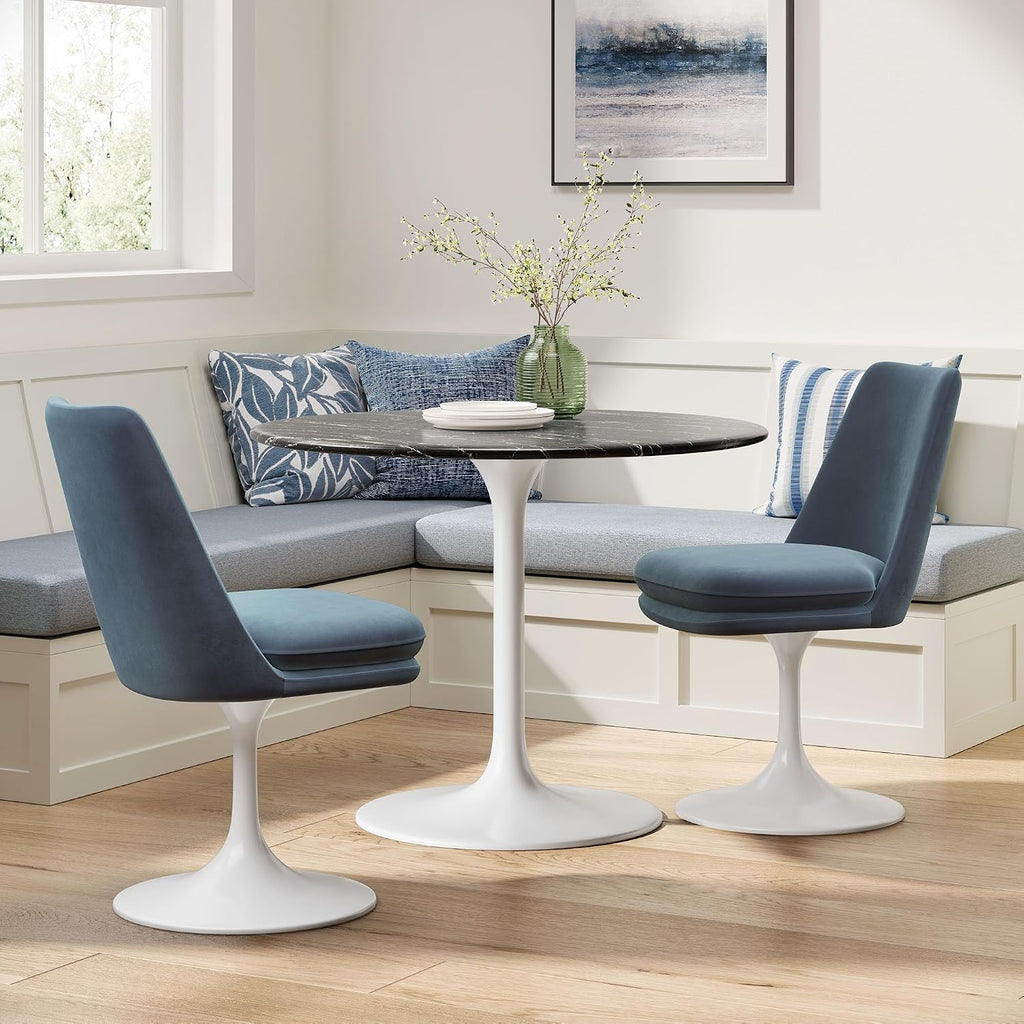 Modway Lippa Velvet Swivel Dining Side Chair in White Cadet Blue - Armless Accent Chair with Stain-Resistant Performance Velvet Upholstery - 360° Rotating Office Chair