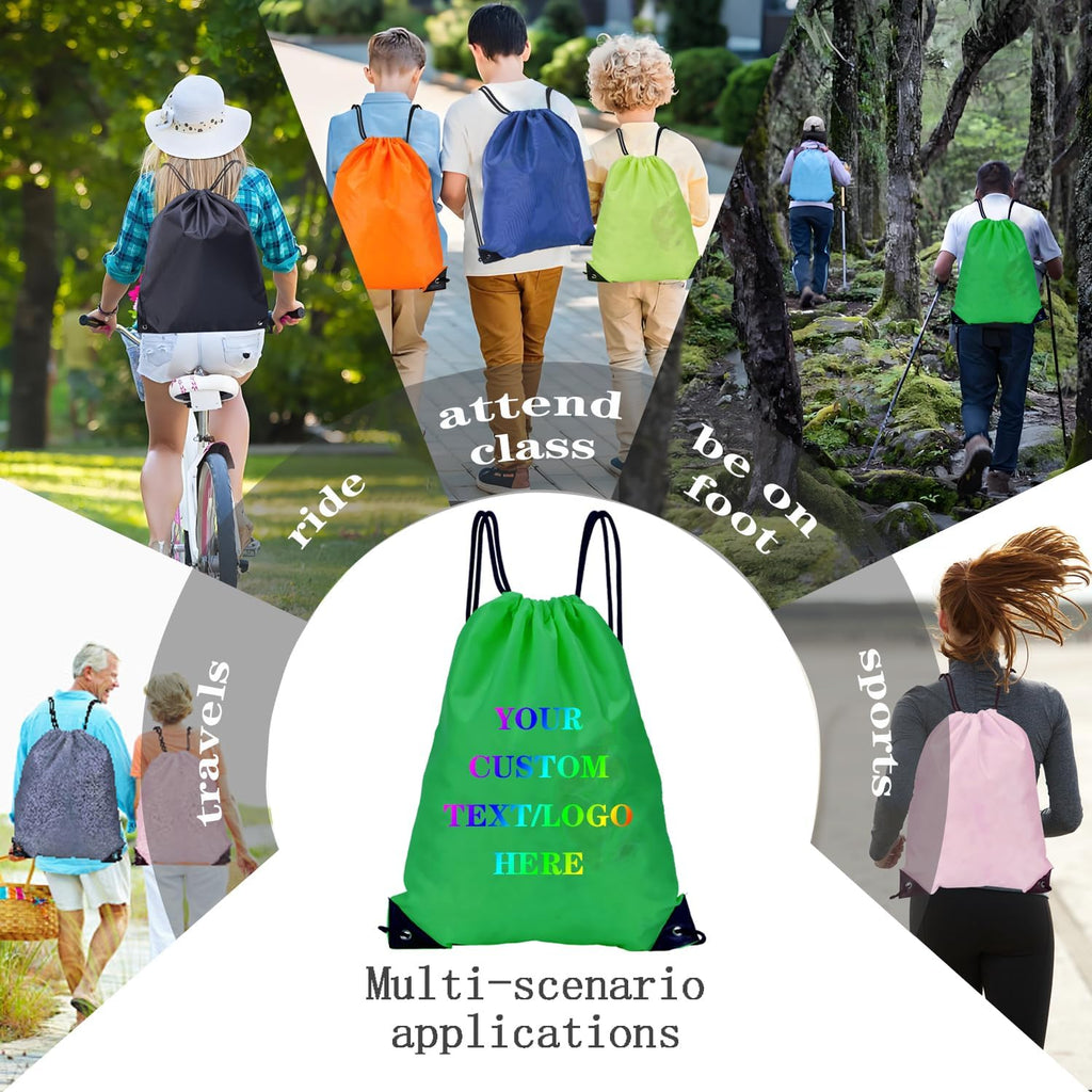 Custom Bags With Your Logo Set of 100 Custom Backpack Draw String Bags Pack Bulk for Travelling Swimming Gym Everyday Use (Green)