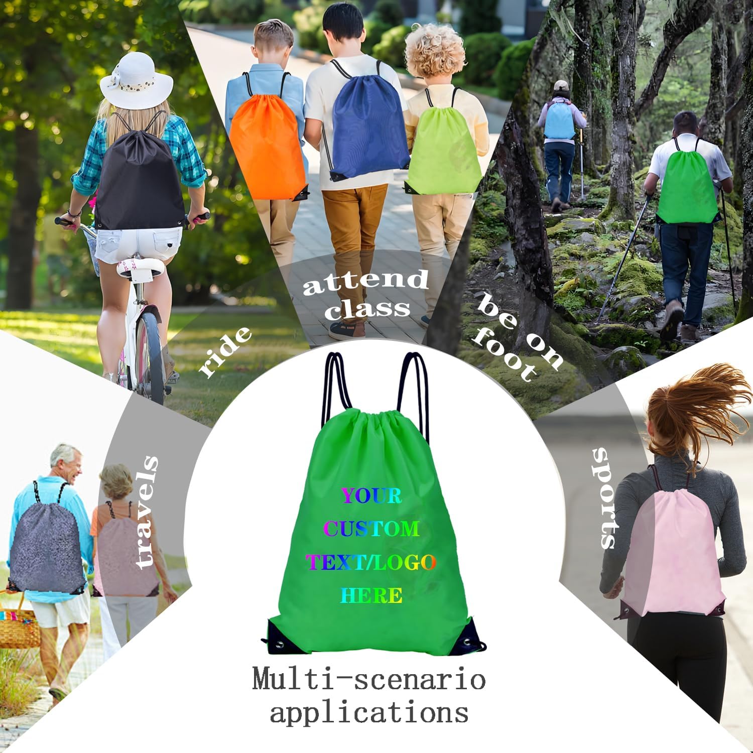 Custom Bags With Your Logo Set of 100 Custom Backpack Draw String Bags Pack Bulk for Travelling Swimming Gym Everyday Use (Green)