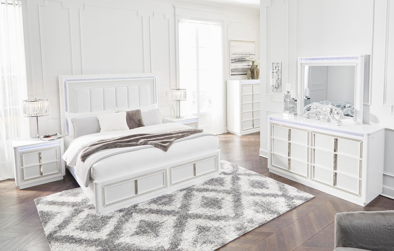 Signature Design by Ashley Chalanna Contemporary Dresser with 6 Drawers, Built-in LED Lighting, Rhinestone Details, Wood, White, 64' W x 20' D x 38.75' H