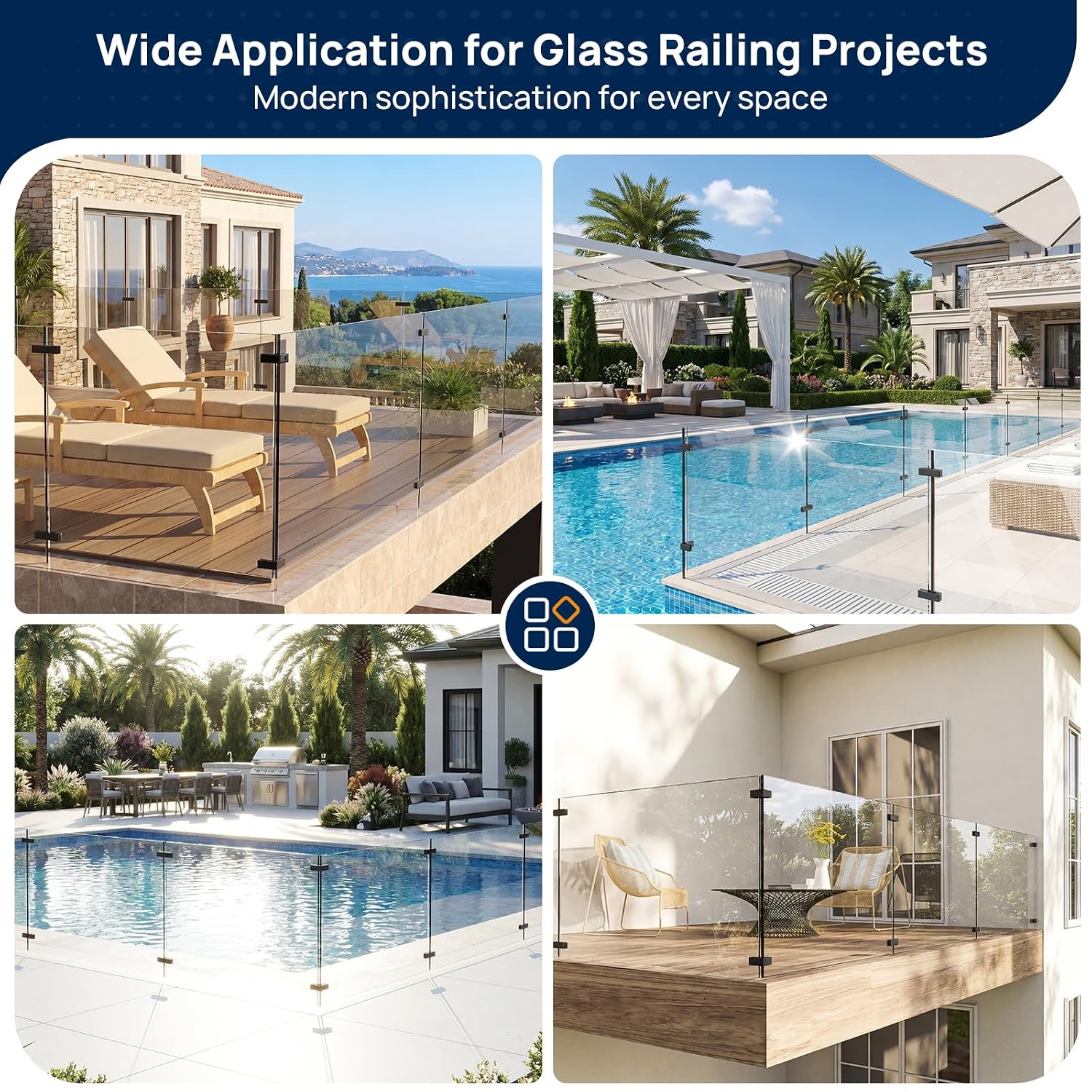 20 Pack Corner Railing Glass to Glass Clamps, Double Side Glass Clip | No Drilling in Glass, T304 Stainless Steel, Fits 3/8'-1/2' Glass Thickness, Modern Black, Suitable for Fence, Pool, Balcony