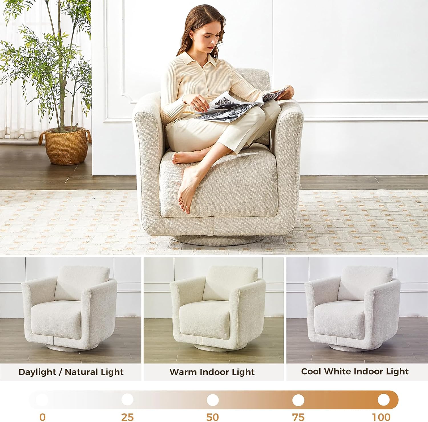 Swivel Accent Chair, 360° Chenille Barrel Swivel Chair for Living Room, Reading Nook Chair for Bedroom Small Spaces, Fully Assembled, Cream