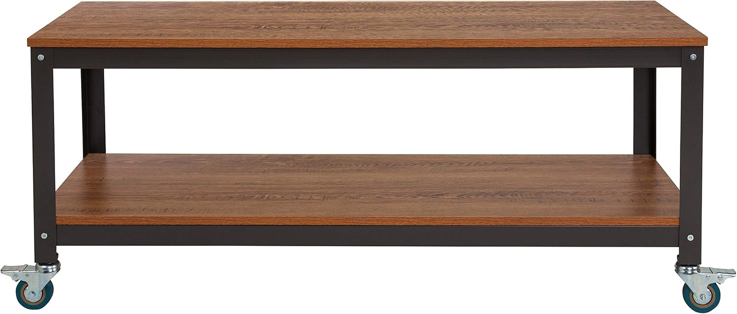Flash Furniture Livingston Collection TV Stand in Brown Oak Wood Grain Finish with Metal Wheels