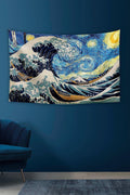 Wall Tapestry The Great Wave and Starry Night 65x40cm Cotton Famous Paintings Wall Hanging Art Dorm Decor Living Room - Navy Blue, 55x79 inch