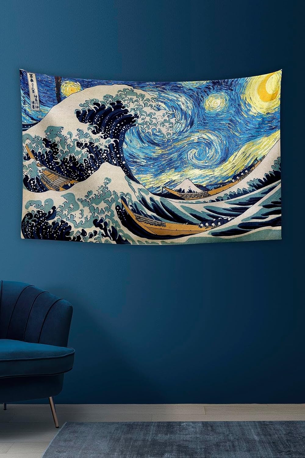 Wall Tapestry The Great Wave and Starry Night 65x40cm Cotton Famous Paintings Wall Hanging Art Dorm Decor Living Room - Navy Blue, 55x79 inch