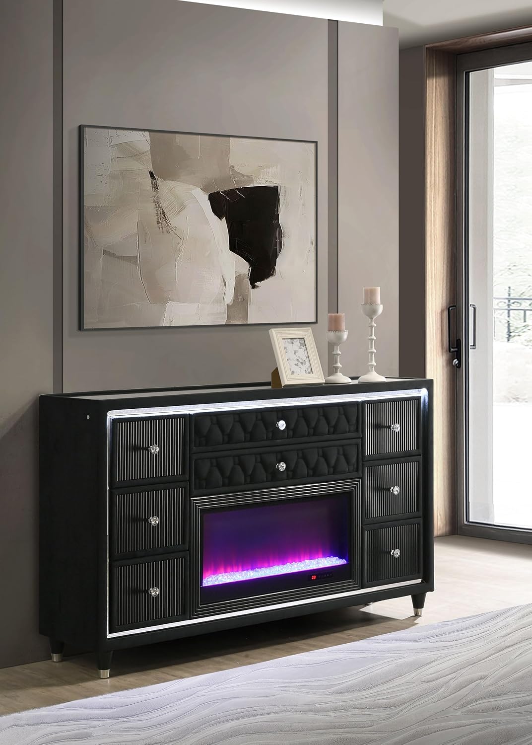 Coaster Home Furnishings - Lorient - Wood and Velvet - 8-Drawer Dresser with Flame Box, LED Lighting, Crystal Knobs and Traditional Style - Bedroom - Black - 223163FB