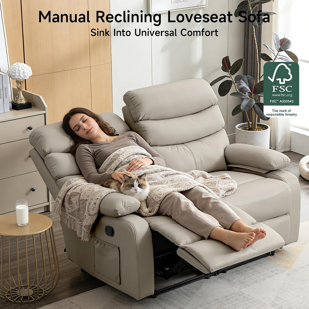 Reclining Loveseat Sofa, Anti-Scratch Leather Manual Loveseat Recliner with Side Pocket, Wall Hugger Loveseat Recliner for Living Room, RV, Home Theater(Beige)