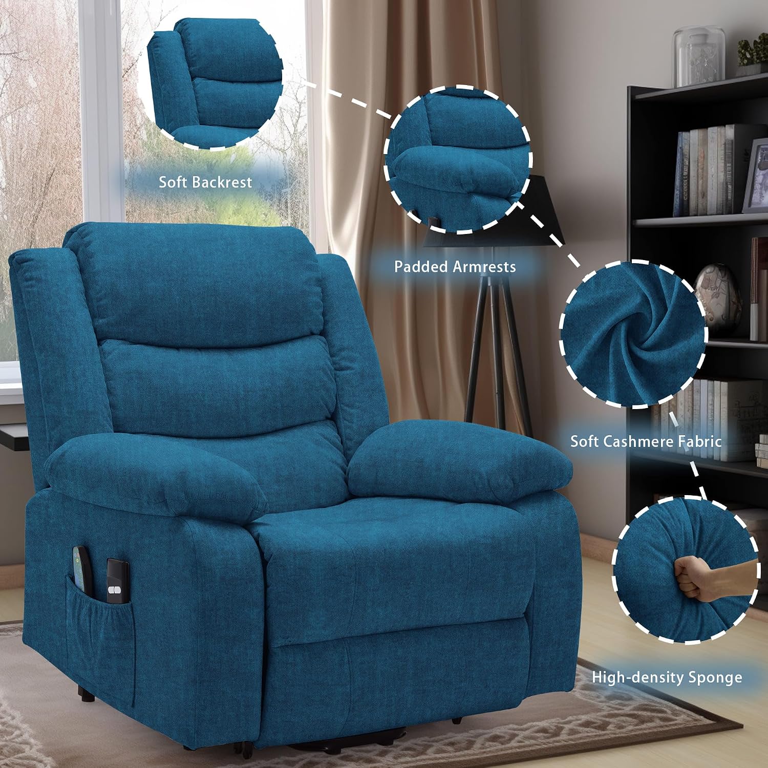 Korser Oversized Power Lift Recliner for Elderly, Extra Wide Electric Recliner Chairs with Massage and Heat, Reclining Chair with Side Pockets, Recliner for Living Room (Cashmere, Blue)