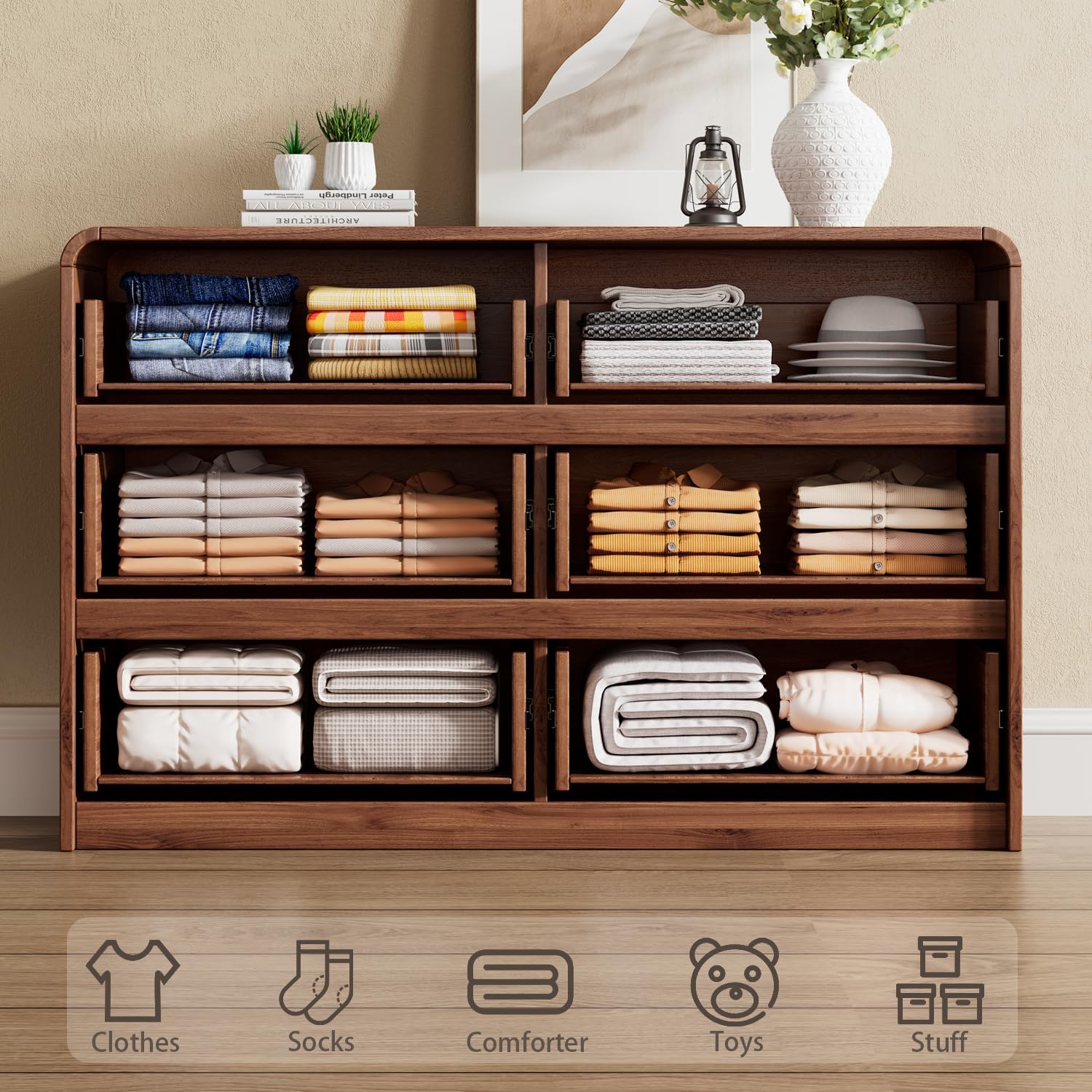 Ieejdn 47.2' Dresser with 6 Drawer, Wide Dresser with Recessed Glass Display & Silent Metal Rails, Handleless Chest of Drawers for Clothes, and Bedding, Walnut