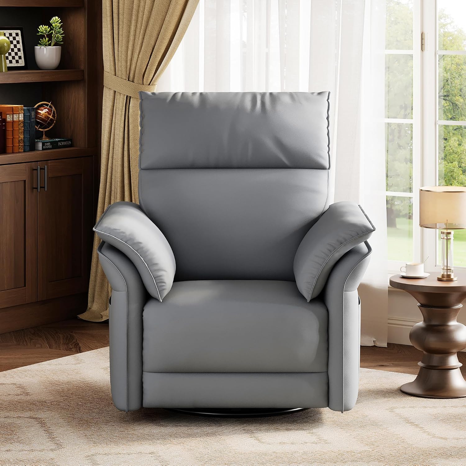 GarveeHome Power Recliner Chair with Side Pockets, 270° Swivel & Glider, USB Charging Port, PU Leather, Thickened Dual-Layer Armrests, Modern Recliner for Living Room, Bedroom (Silver)