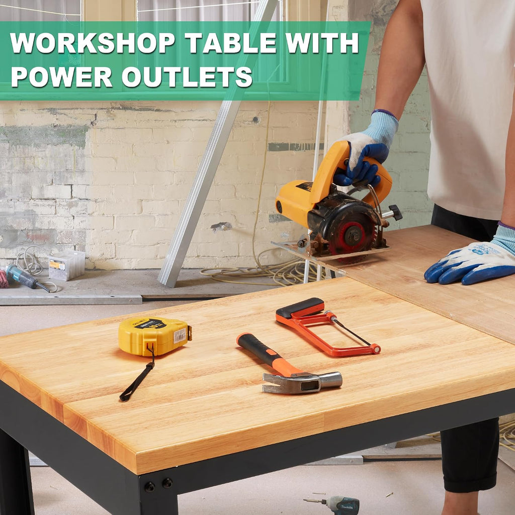 HABUTWAY Height Adjustable Workbench, 60'x20' 2000 Lbs Capacity Solid Wood Work Station Heavy-Duty, with Power Outlets, for Garage Party Shop Office