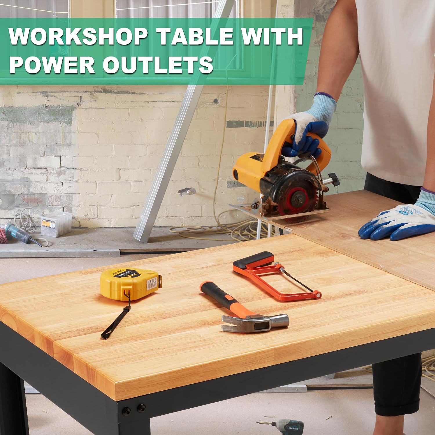 HABUTWAY Height Adjustable Workbench, 60'x20' 2000 Lbs Capacity Solid Wood Work Station Heavy-Duty, with Power Outlets, for Garage Party Shop Office