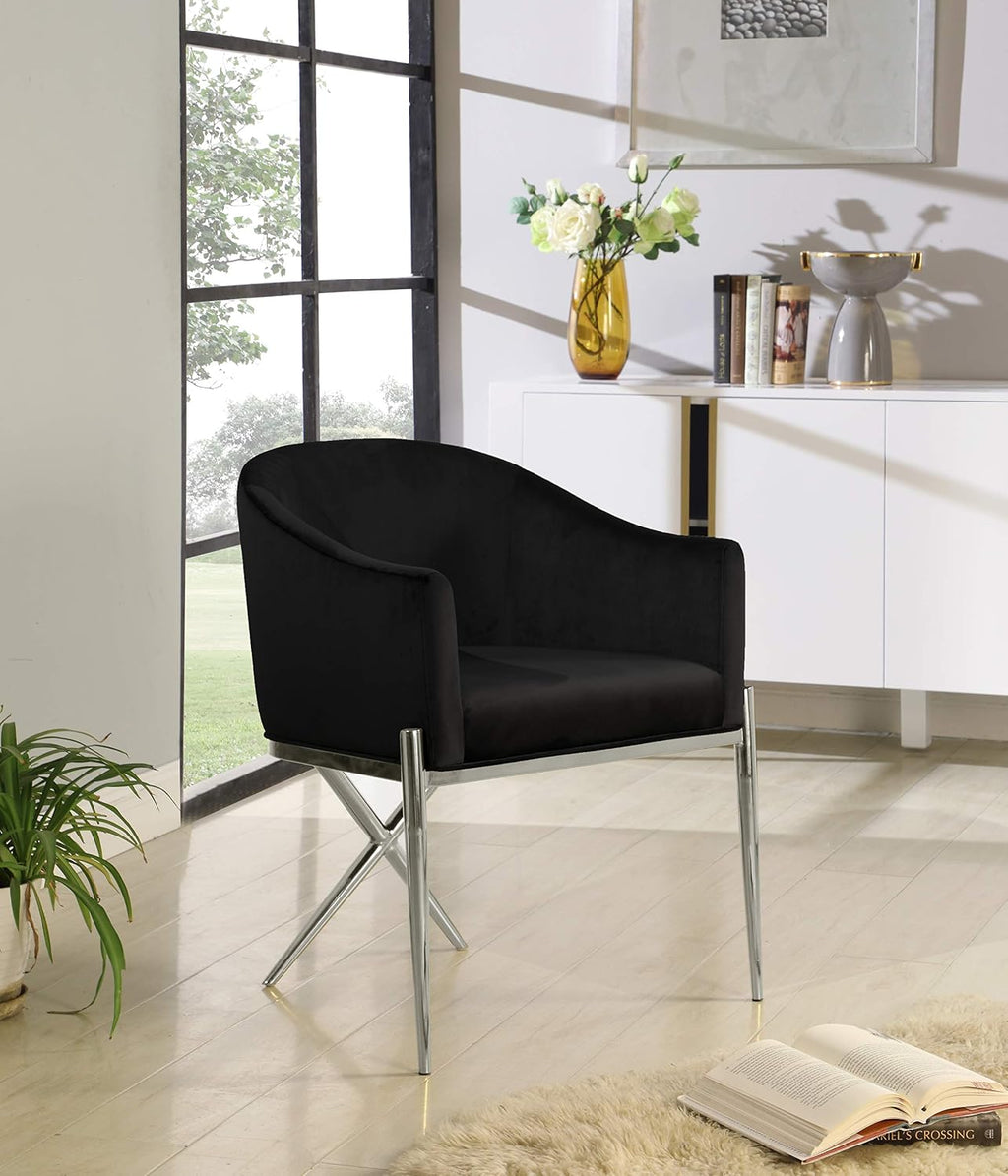 Meridian Furniture Xavier Collection Modern | Contemporary Velvet Upholstered Dining Chair with Sturdy Steel X Shaped Legs, 25.5' W x 24.5' D x 31.5' H, Black