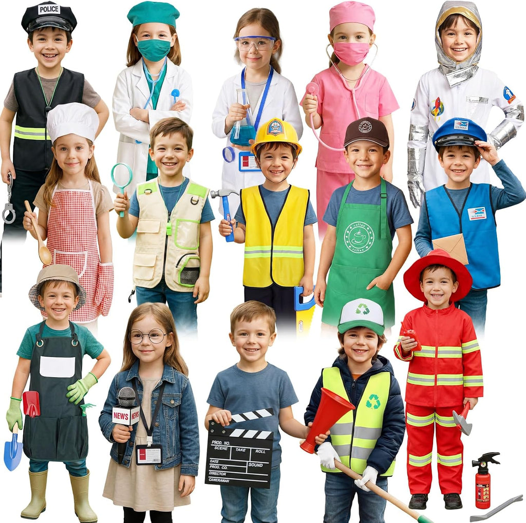 Vicenpal 15 Sets Toddler Dress up Clothes Kids Role-Play Costumes Police Firefighter Doctor Nurse Astronaut Barista Director Postman Laborer Chef Gardener Explorer Scientist Reporter Sanitation Worker