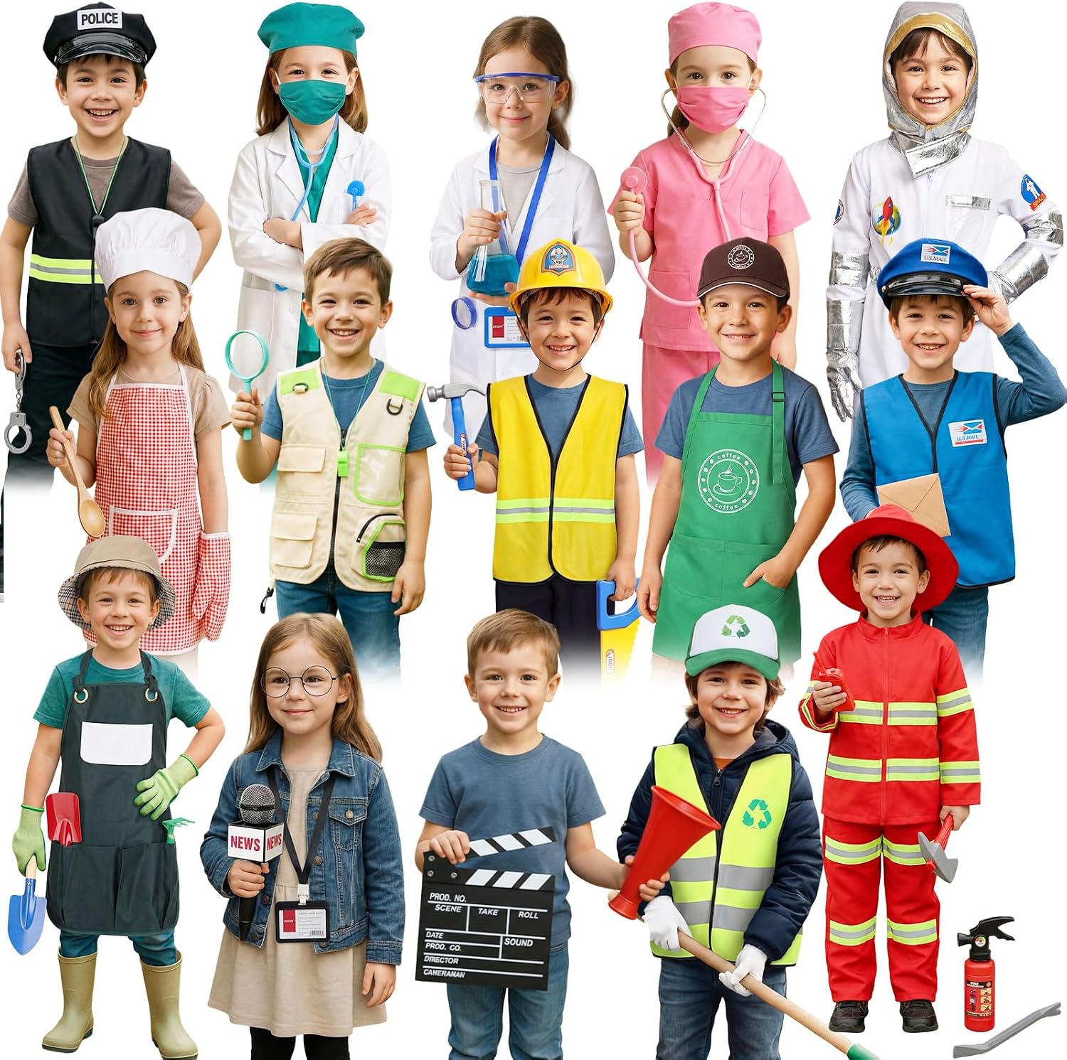 Vicenpal 15 Sets Toddler Dress up Clothes Kids Role-Play Costumes Police Firefighter Doctor Nurse Astronaut Barista Director Postman Laborer Chef Gardener Explorer Scientist Reporter Sanitation Worker