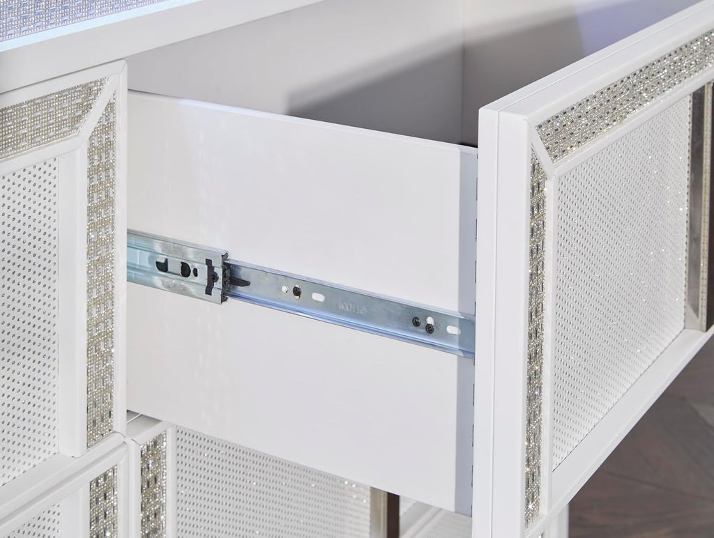 Signature Design by Ashley Chalanna Contemporary Dresser with 6 Drawers, Built-in LED Lighting, Rhinestone Details, Wood, White, 64' W x 20' D x 38.75' H