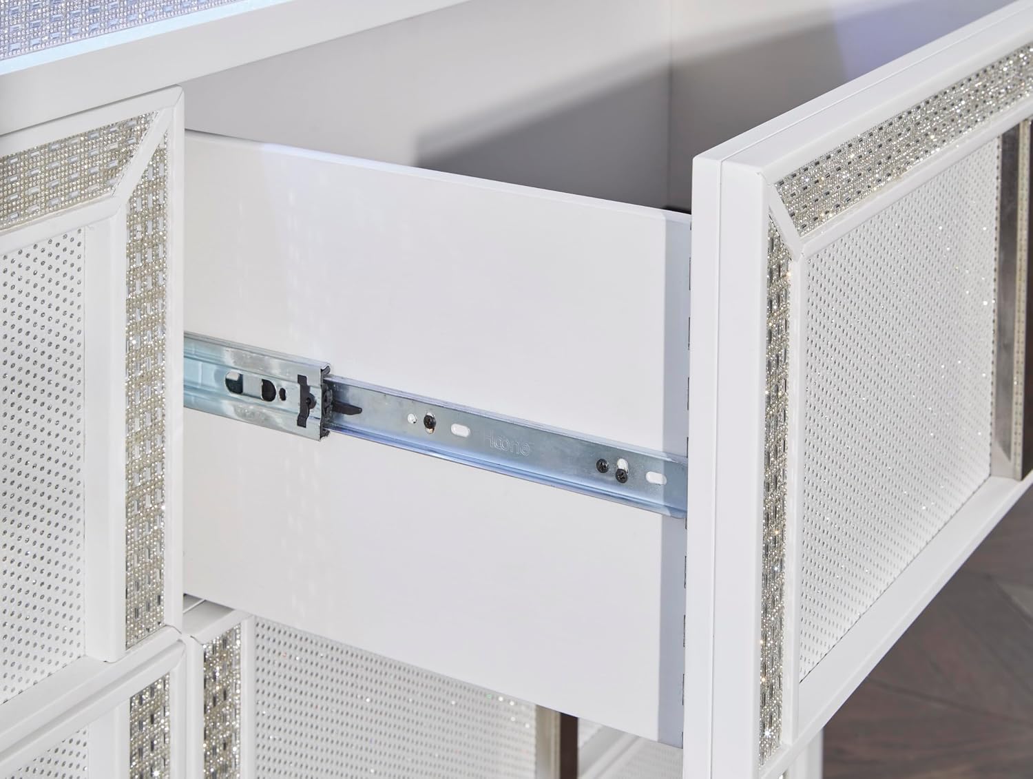 Signature Design by Ashley Chalanna Contemporary Dresser with 6 Drawers, Built-in LED Lighting, Rhinestone Details, Wood, White, 64' W x 20' D x 38.75' H