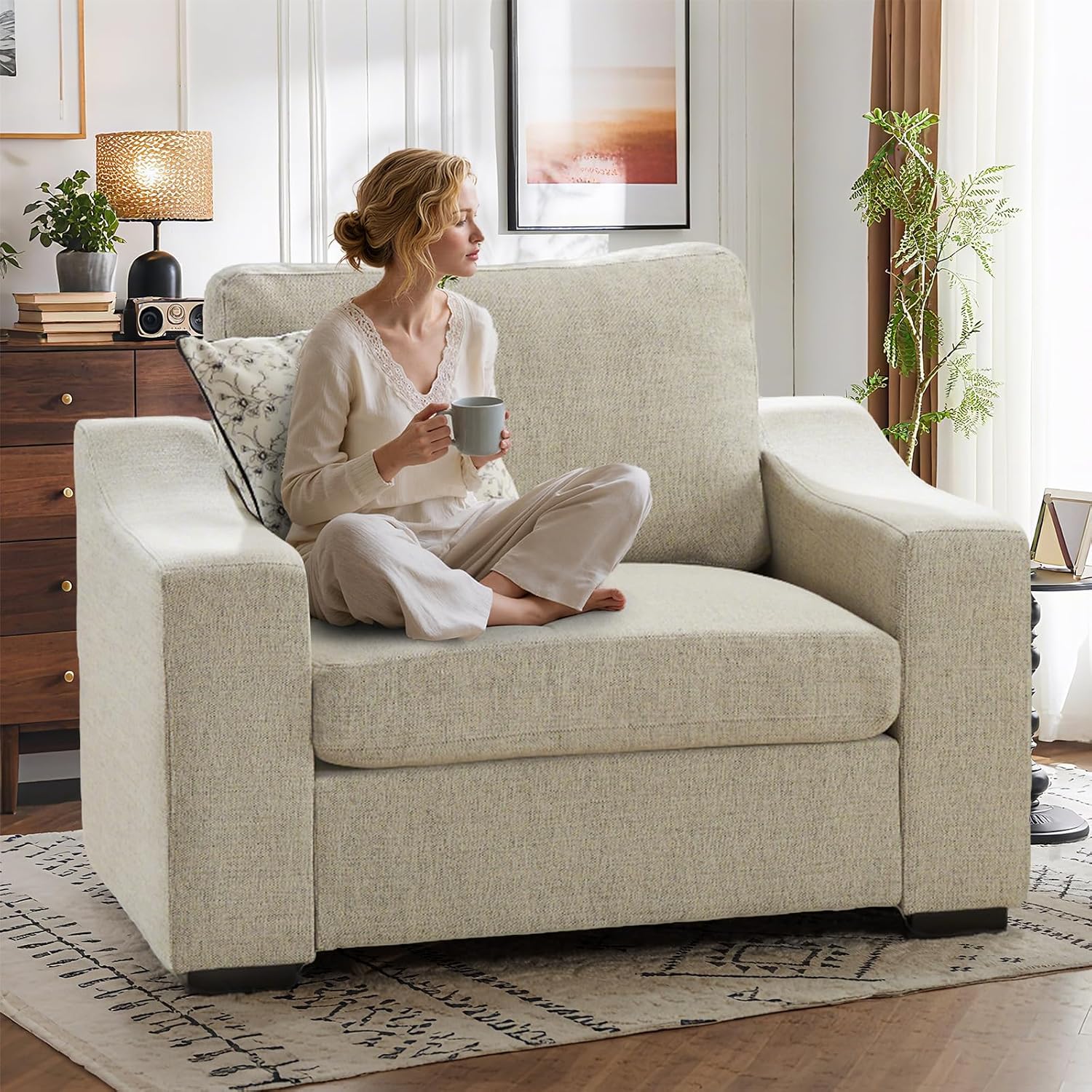 ELUCHANG 47' W Oversized Accent Chairs Set of 2, Linen Fabric Modern Chair with Deep Seat, Comfy Upholstered Large Armchair Sofa Chair and a Half, Reading Chair for Living Room Bedroom Office,Oatmeal