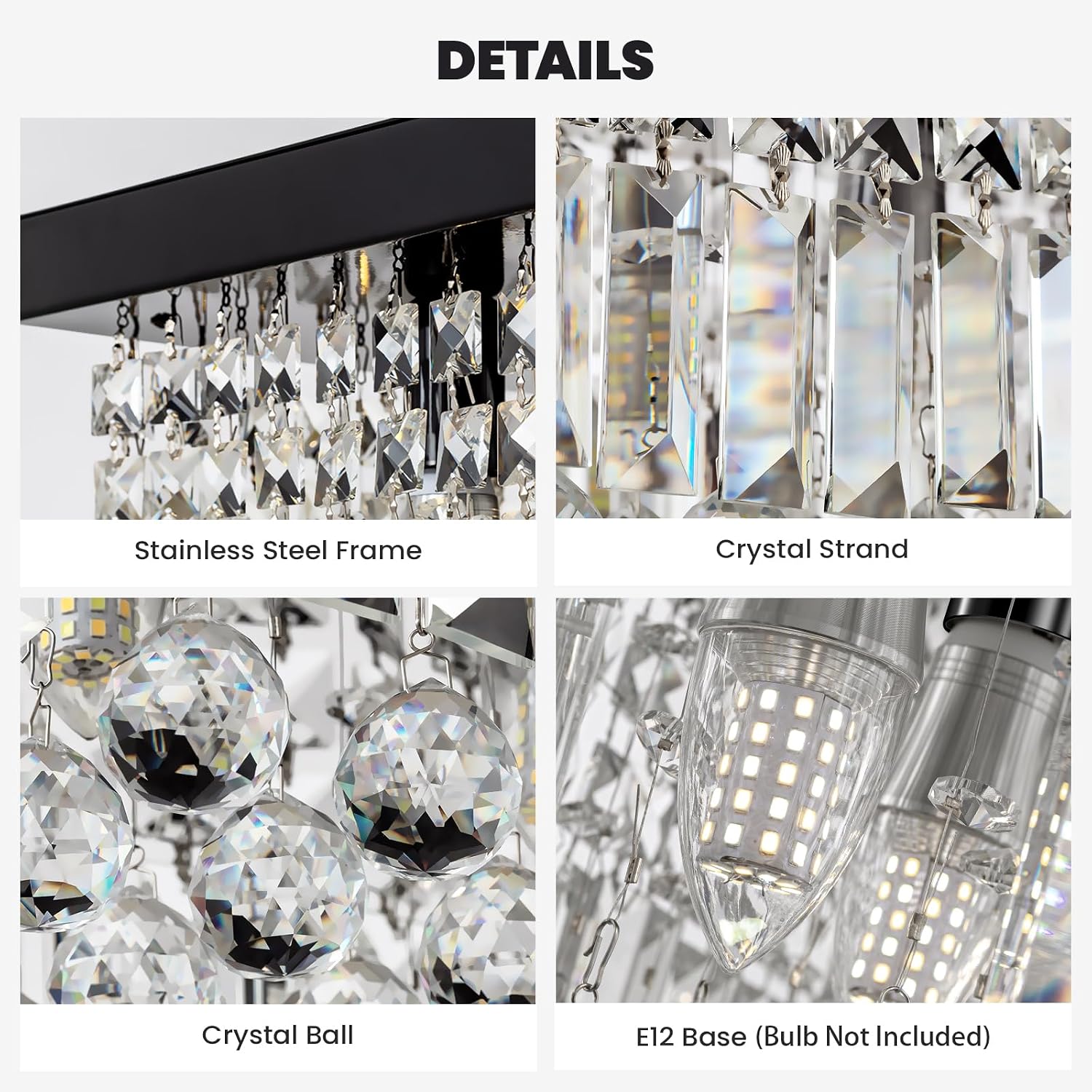 7PM Rectangle K9 Crystal Chandelier, 13-Light Modern Dining Room Linear Ceiling Chandelier, Rectangular Pendant Lighting Fixture for Kitchen Island Bedroom, Black Finish L59'' x W10'' x H9''