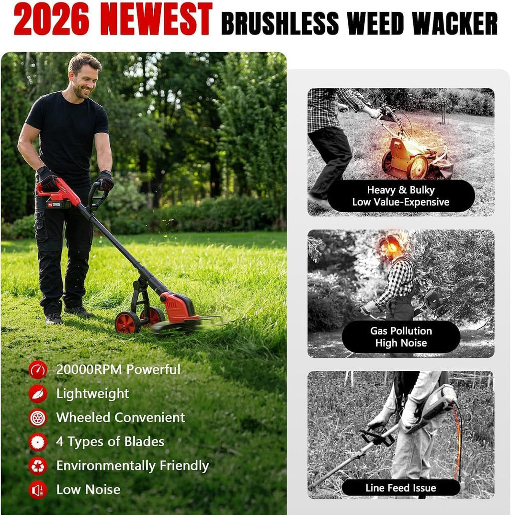20000 RPM Electric Weed Wacker with Wheel,12″ Brushless Cordless Weed Eater Battery Powered,4-in-1 Brush Cutter/String Trimmer/Grass Edger/Tiller for Garden,Weed Trimmer,2 Battery (Black Red)