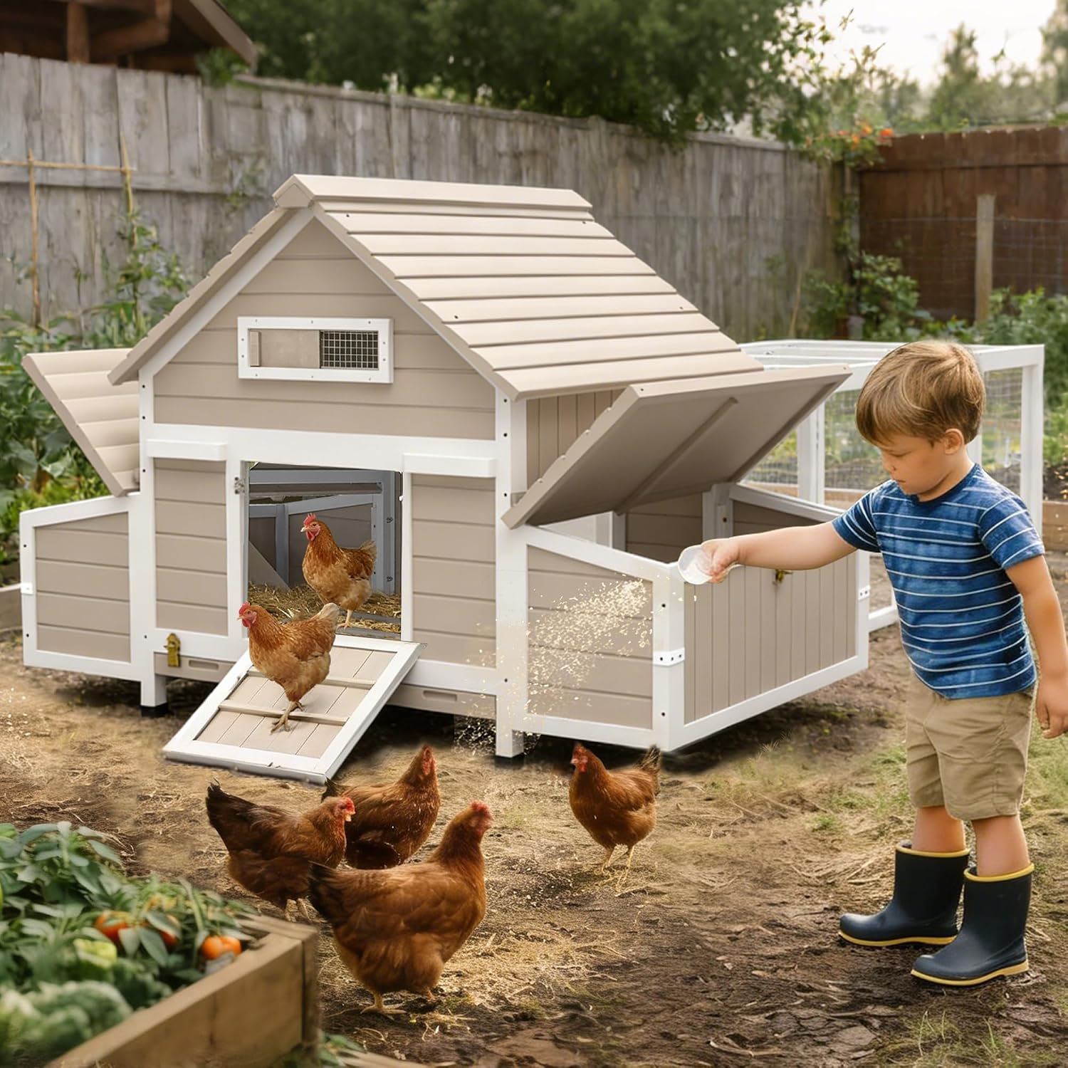 Ketive Large Chicken Coop with Run for 6–8 Chickens — Wooden Outdoor Hen House Chicken Hutch with 6 Nesting Boxes, Dual Ramp Doors, Slide-Out Tray, Curved Roof (118.3' L x 38' W x 40.2' H)