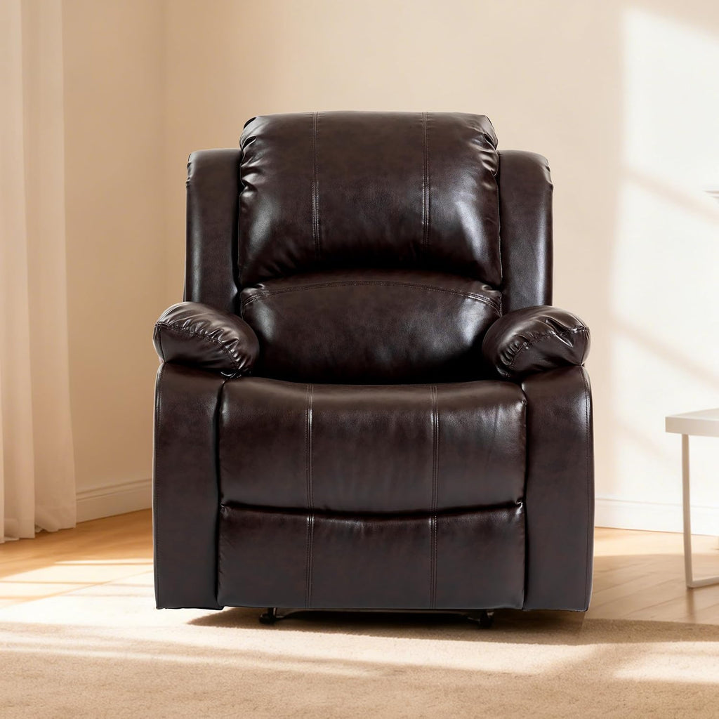 Manual Recliner Chair, Adjustable Push Back Leather Reclining for Living Room, Reddish Brown