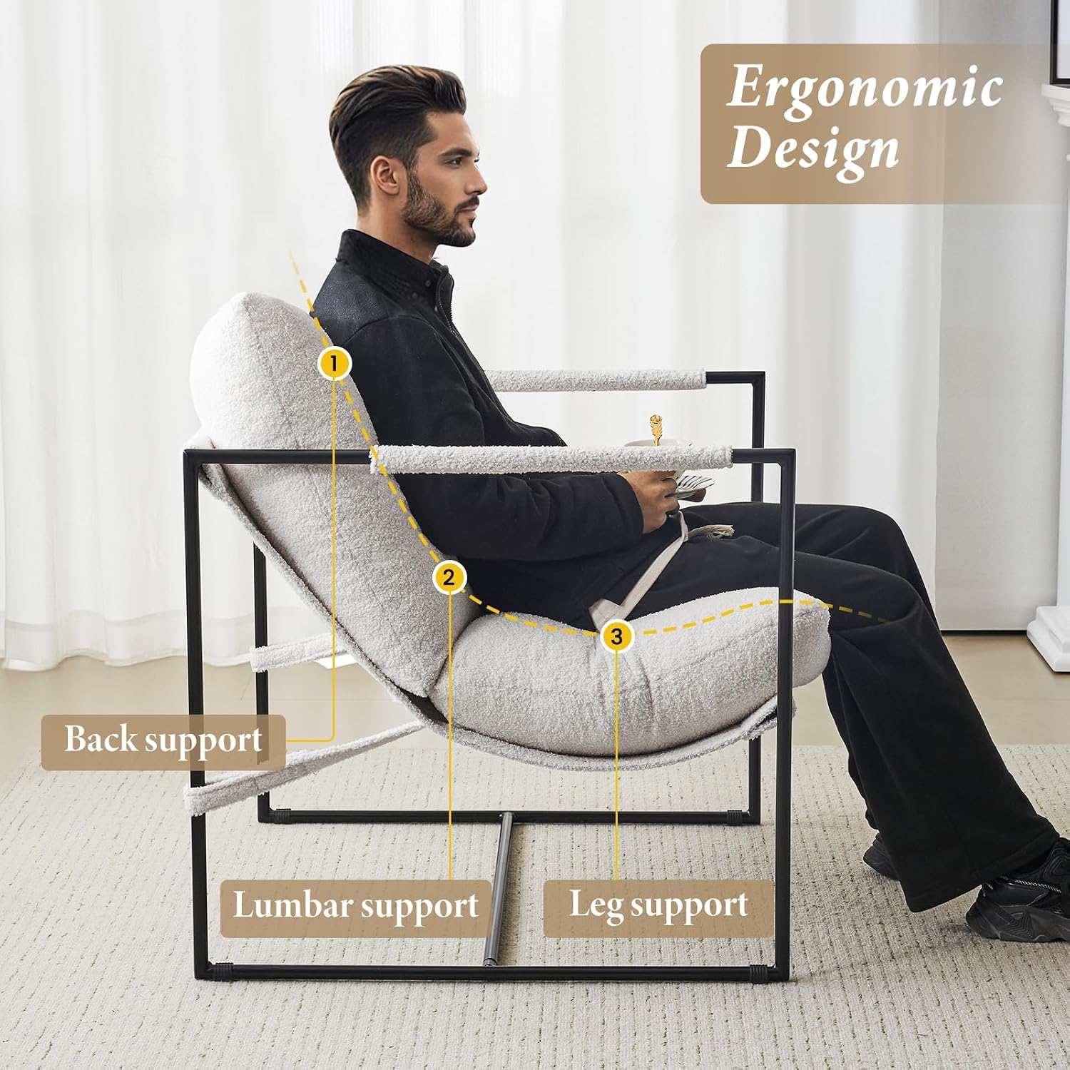 Furnilivng Large Sling Accent Chairs Set of 2, Comfortable Boucle Fabric Arm Chair, Upholstered Cozy Reading Chair for Living Room, Bedroom, Dressing Room, Home Office, White