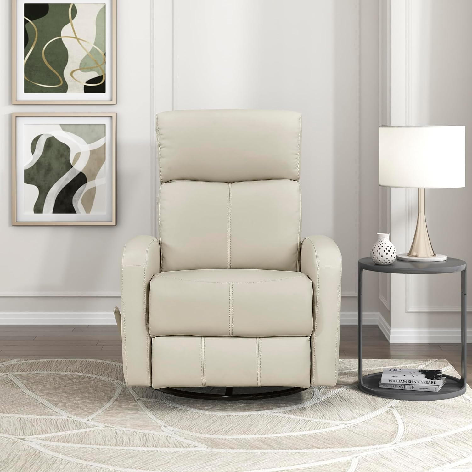 Lexicon Swivel Glider Reclining Chair, Top Grain Leather Match Manual Pull Handle Recliner, Comfy Nursery Glider Recliner, Swivel Reclining Chair for Living Room/Office/Bedroom/Apartment, Beige
