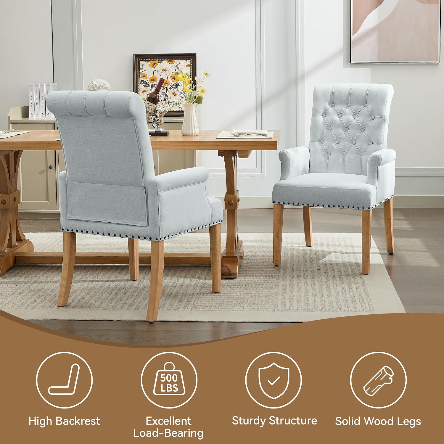 WUTUTUEE Fabric Dining Chair with Arms, Upholstered Tufted High Back Dining Room Chairs, Accent Armchair with Solid Wood Leg and Nailhead Trim, Kitchen Dining Living Room, Sky Blue
