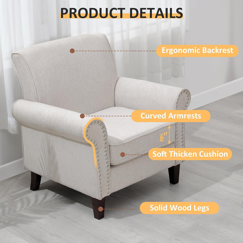 PrimeZone Comfy Accent Chair, Mid-Century Modern Fabric Living Room Chair Reading Chair with Soft Cushion, Nailhead Trim & Rolled Armrest, Arm Chair Sofa Chairs for Bedroom Waiting Room Office, Beige