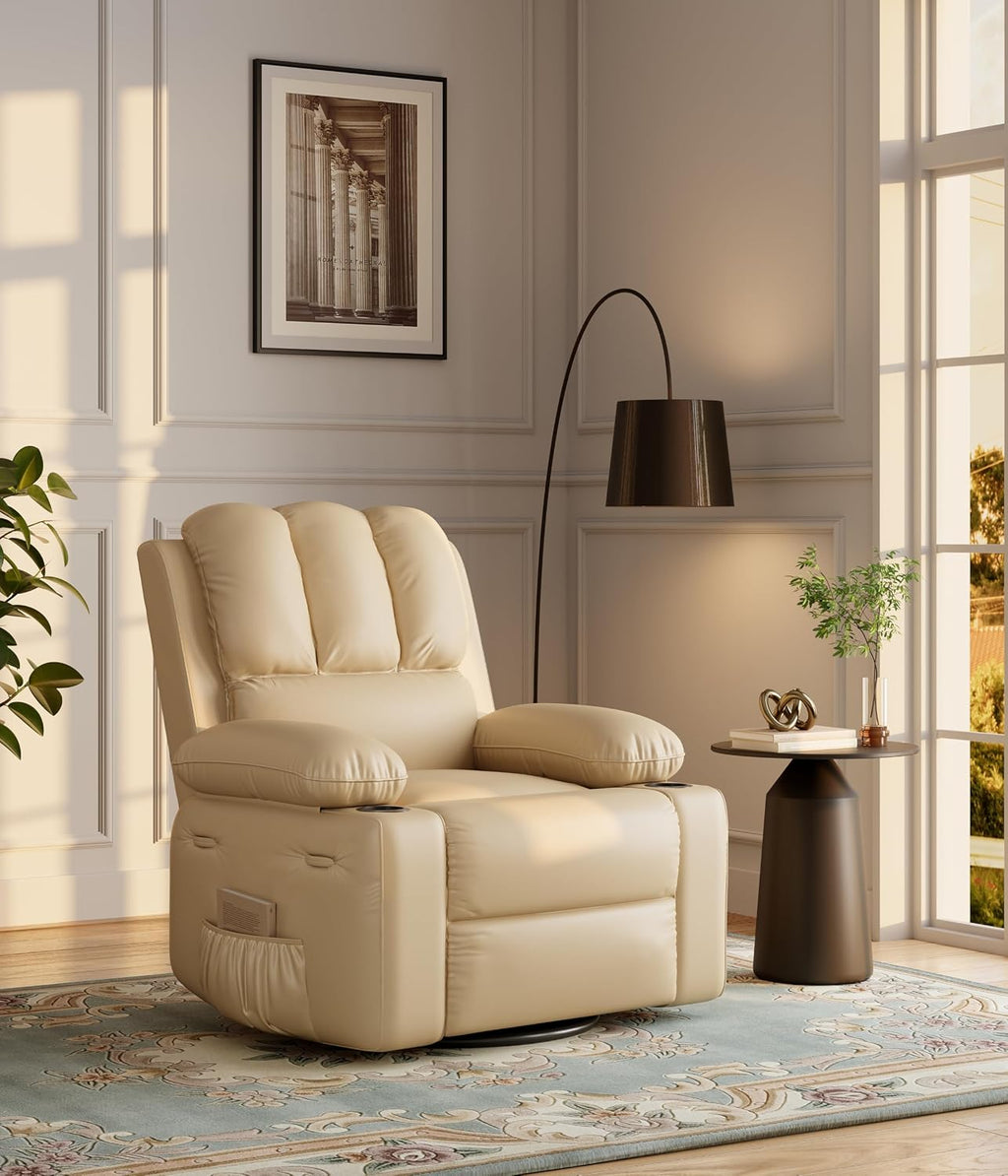 GarveeHome Recliner Chairs, Classic Manual Leather Recliner, Home Theater Seating with Lumbar & Arms Support for Living Room, Bedroom and Nursery (Beige-27)