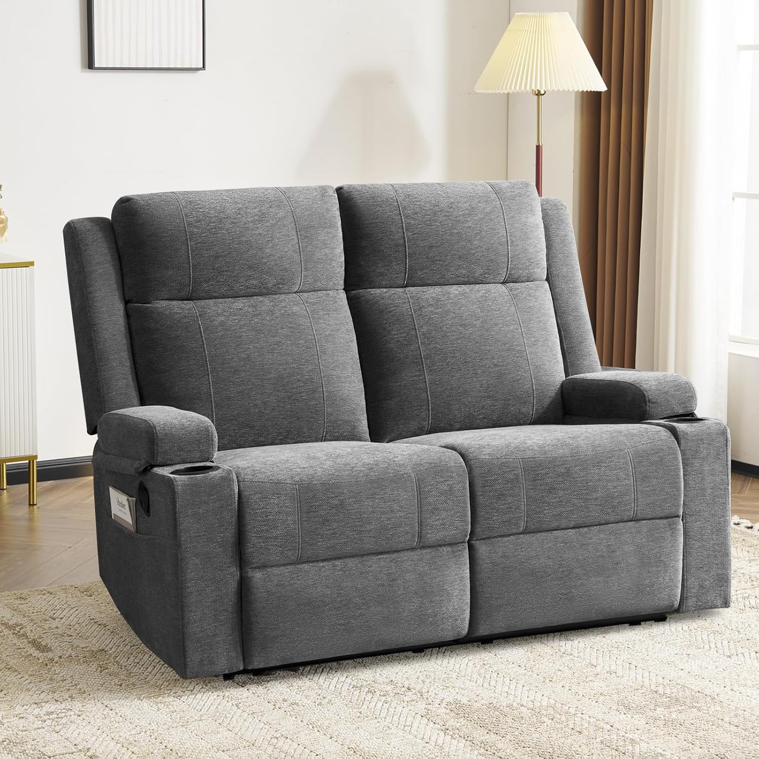 Loveseat Recliner, Double Recliner Loveseat with Adjustable Footrest & Cup Holder, Wall Hugger Recliner for Living Room & Home Theater & RV(Gray)