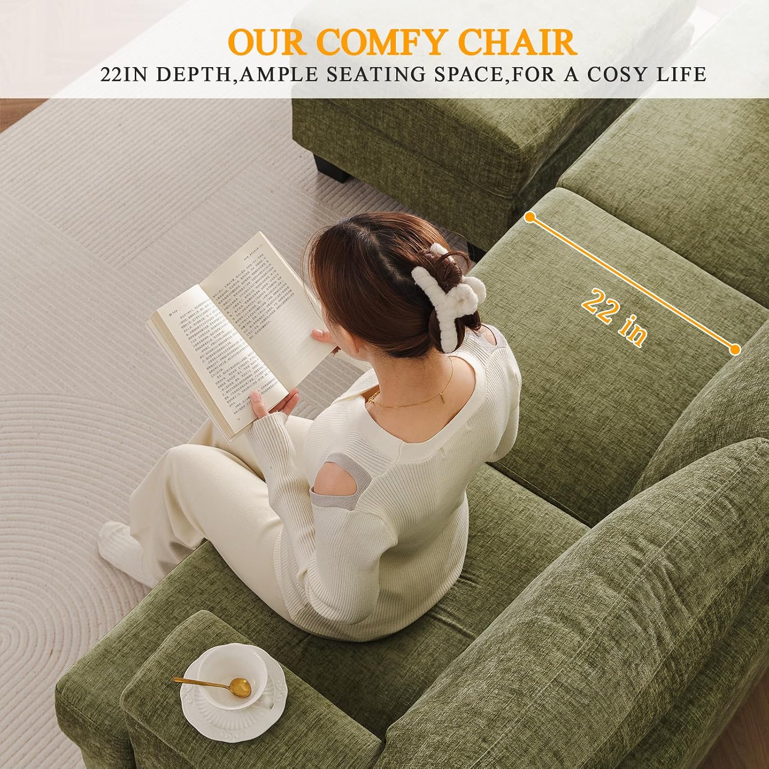 85'' L Shaped Couch with Armrest Organizer,3 Seats Sofas with Movable Ottoman,Comfy Sectional Sofa with Thick Cushion,Chenille Sectional Couches for Living Room,Bedroom,Apartment,Home Furniture,Green