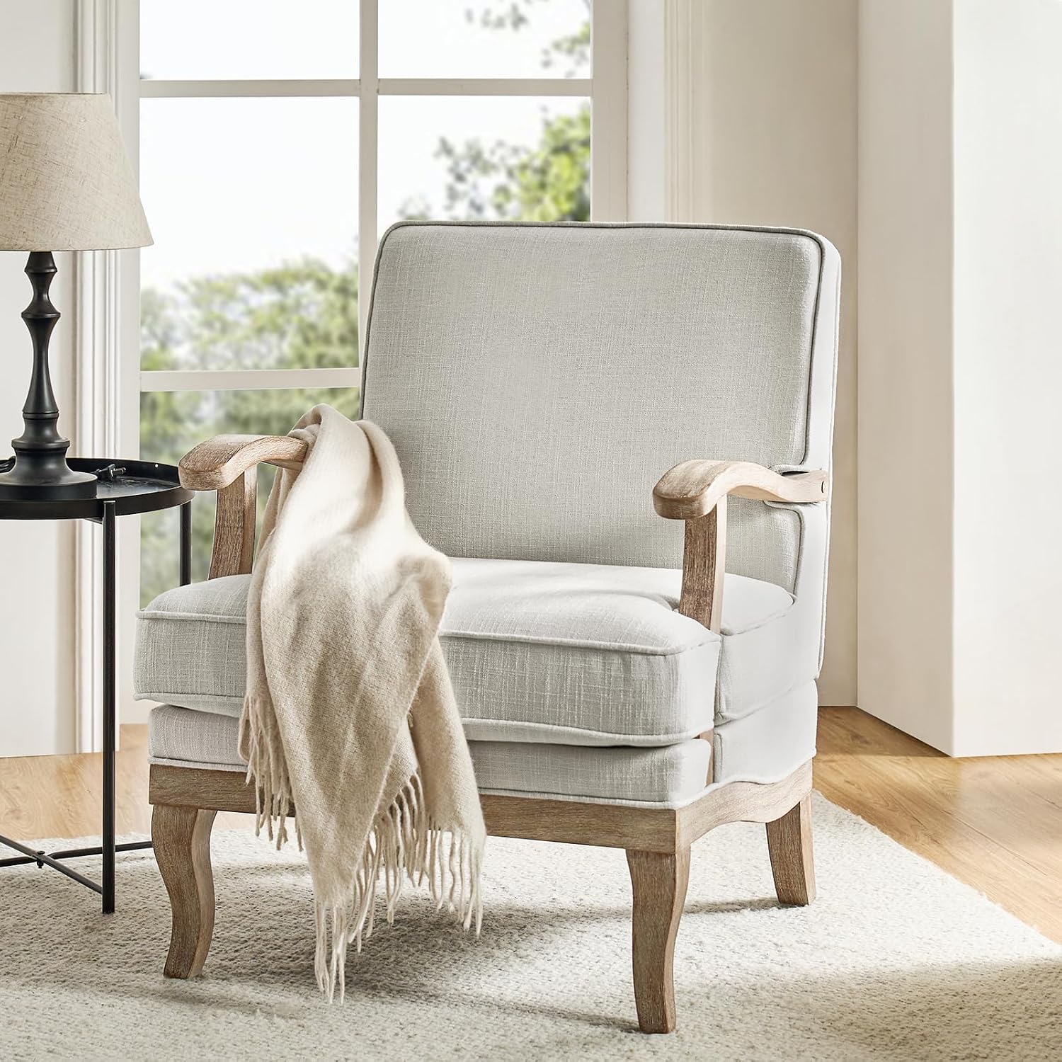 HULALA HOME Mid-Century Modern Accent Chair, Upholstered Living Room Lounge Chair, Lounge Armchair with Romantic Stripes & Solid Wood Legs, Living Room Bedroom Single Sofa Chair (Ivory)