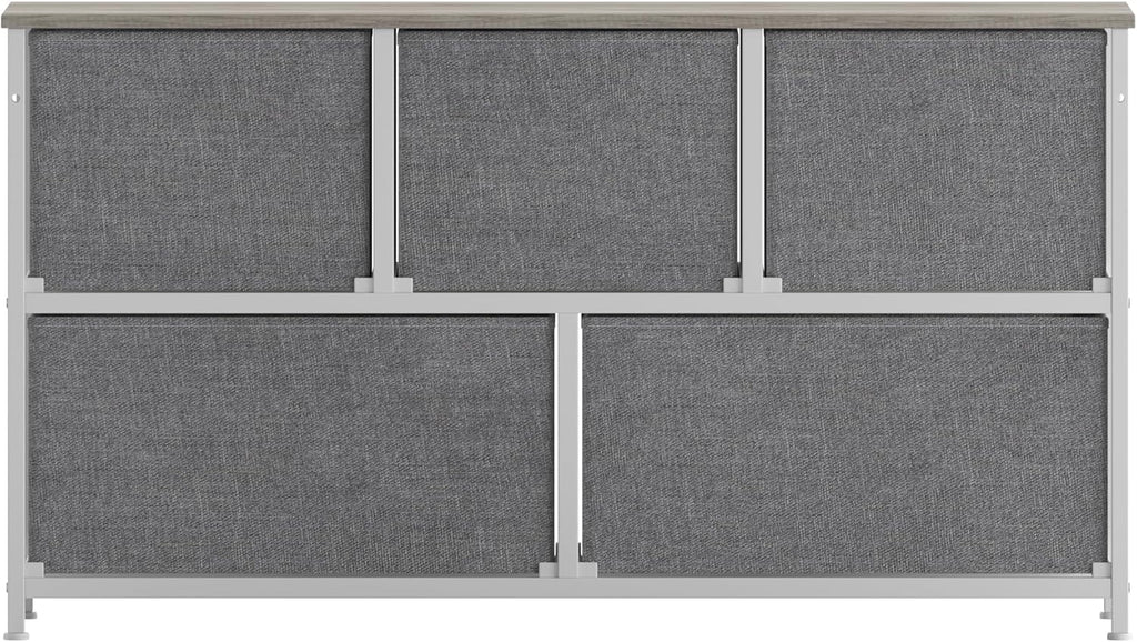 Flash Furniture Harris 5 Drawer Storage Dresser, Cast Iron Frame, Engineered Wood Top and Easy Pull Non-Woven Fabric Drawers with Wooden Handles, White/Light Natural