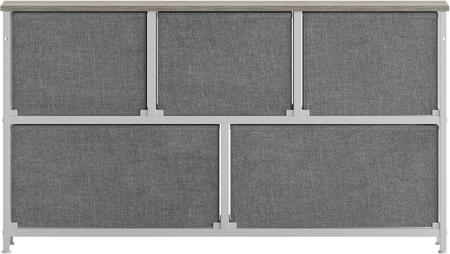 Flash Furniture Harris 5 Drawer Storage Dresser, Cast Iron Frame, Engineered Wood Top and Easy Pull Non-Woven Fabric Drawers with Wooden Handles, White/Light Natural