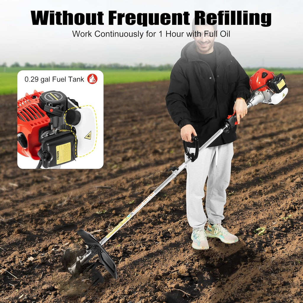 51.7CC 1.45kW Gas Powered Cultivator Handheld Tiller Machine, 6500 rpm 2-Stroke Air-Cooled Gasonline Weeding Tilling Machine Rototiller 9*3.5inch Cultivation Area for Lawn & Garden & Soil Cultivation