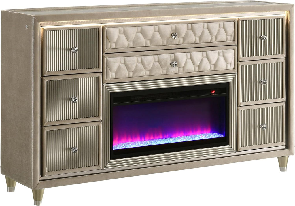 Coaster Home Furnishings - Lorient - Wood and Velvet - 8-Drawer Dresser with Flame Box, LED Lighting, Crystal Knobs and Traditional Style - Bedroom - Ivory and Camel - 222663FB