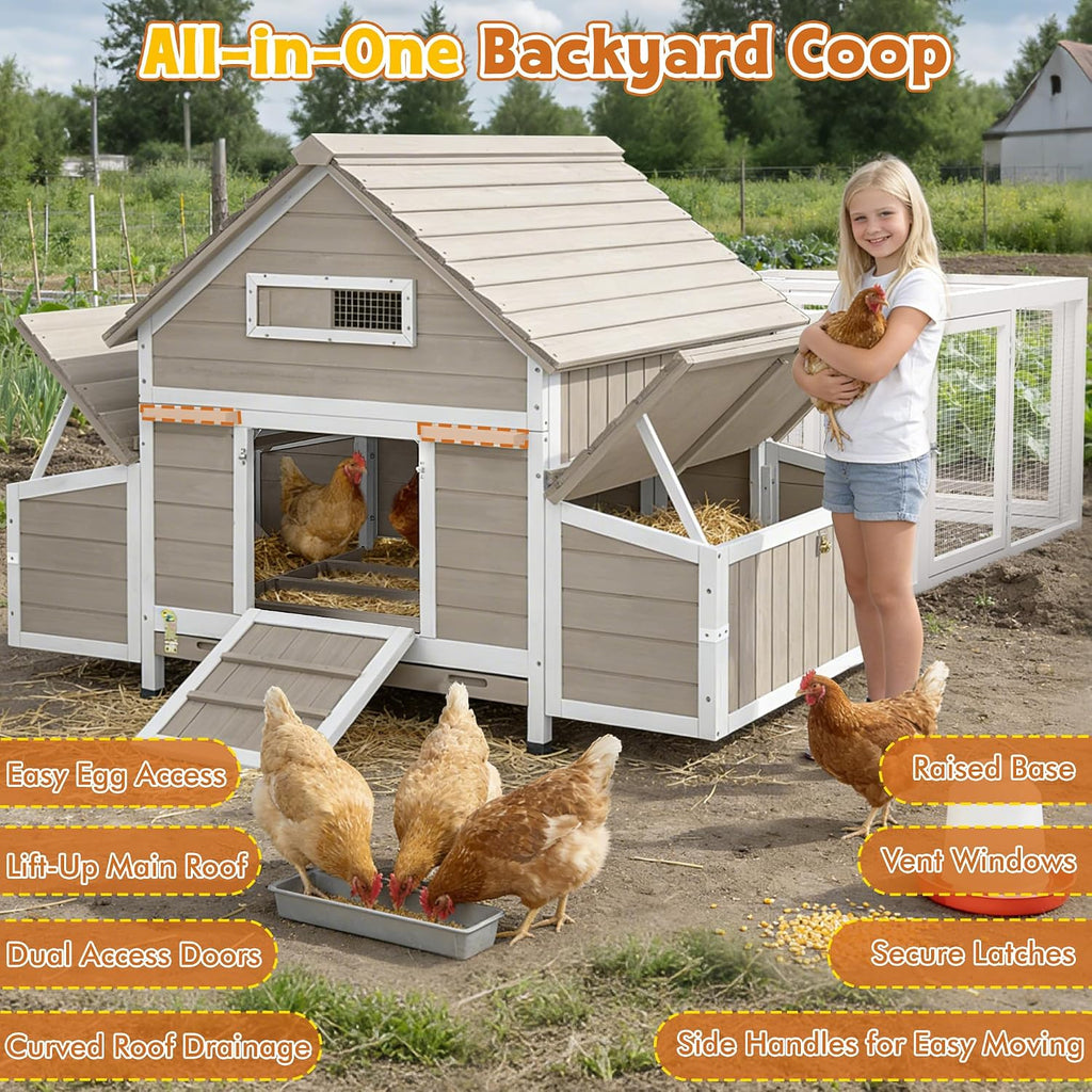 Ketive Large Chicken Coop with Run for 6–8 Chickens — Wooden Outdoor Hen House Chicken Hutch with 6 Nesting Boxes, Dual Ramp Doors, Slide-Out Tray, Curved Roof (118.3' L x 38' W x 40.2' H)