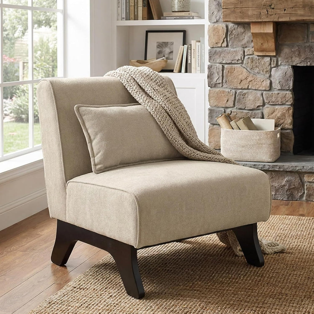 Upholstered Armless Accent Chair,Modern Comfy Living Room Chairs with Wooden Legs& Pillows,Lounge Sofa Side Chair for Bedroom Farmhouse Reading Brown