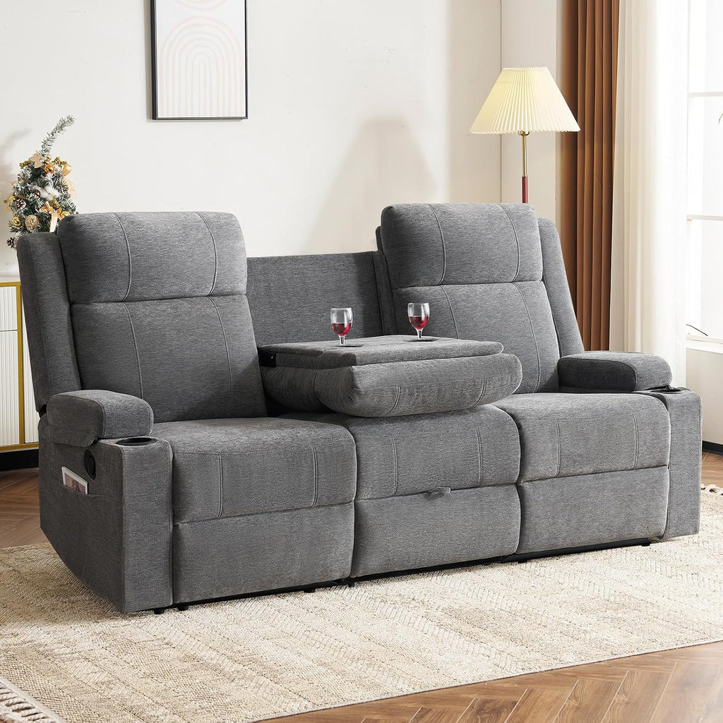 Loveseat Recliner Sofa,RV Loveseat Reclining Couch with Drop Down Table/ 4 Cup Holder/Hidden Storage, Wall Hugger Recliner Sofa for Living Room & Home Theater & RV