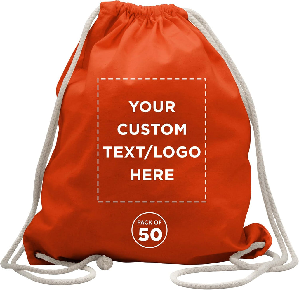 DISCOUNT PROMOS Custom Cotton Drawstring Backpacks Set of 50, Personalized Bulk Pack - Bring Everywhere You Go and For Everyday Use - Orange