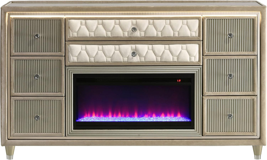 Coaster Home Furnishings - Lorient - Wood and Velvet - 8-Drawer Dresser with Flame Box, LED Lighting, Crystal Knobs and Traditional Style - Bedroom - Ivory and Camel - 222663FB