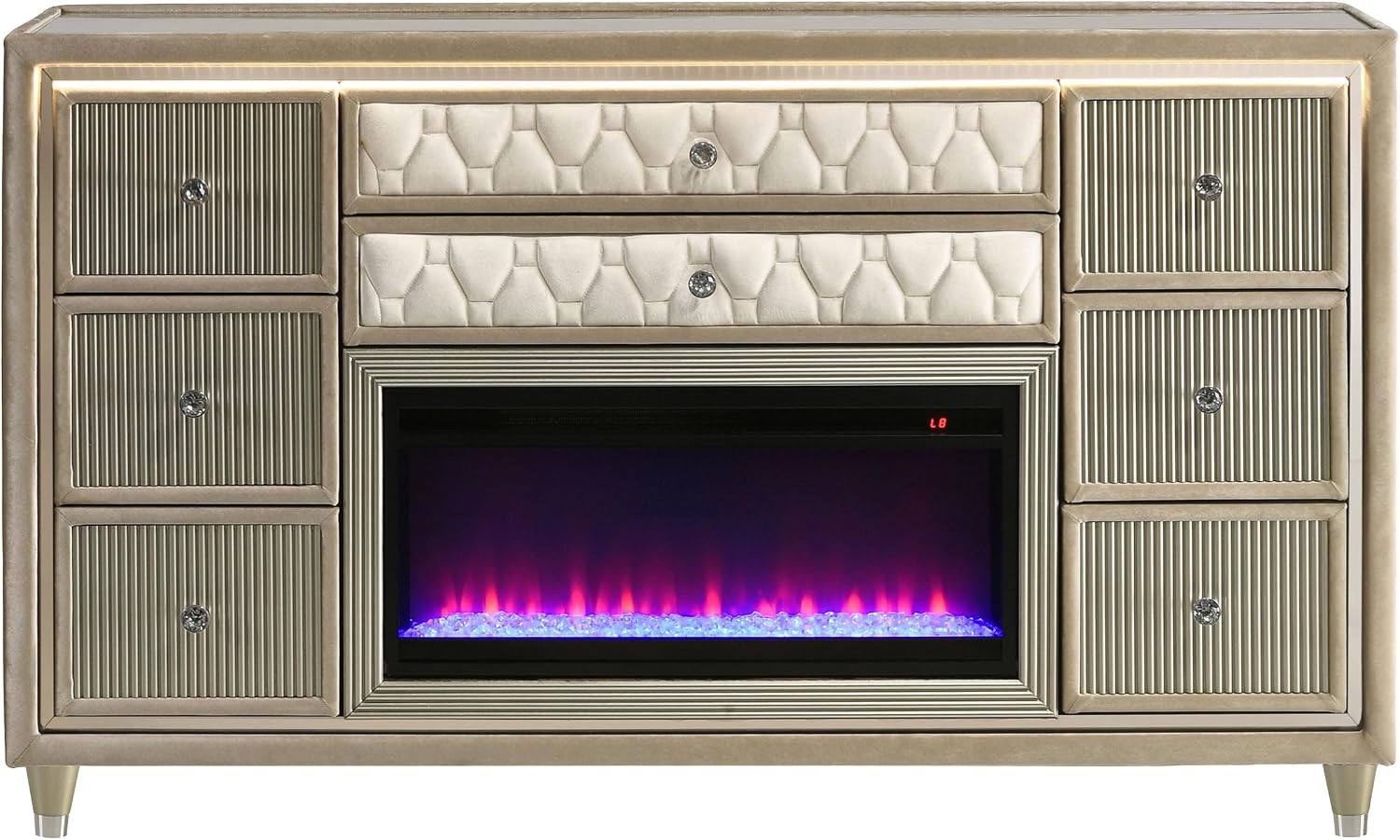 Coaster Home Furnishings - Lorient - Wood and Velvet - 8-Drawer Dresser with Flame Box, LED Lighting, Crystal Knobs and Traditional Style - Bedroom - Ivory and Camel - 222663FB