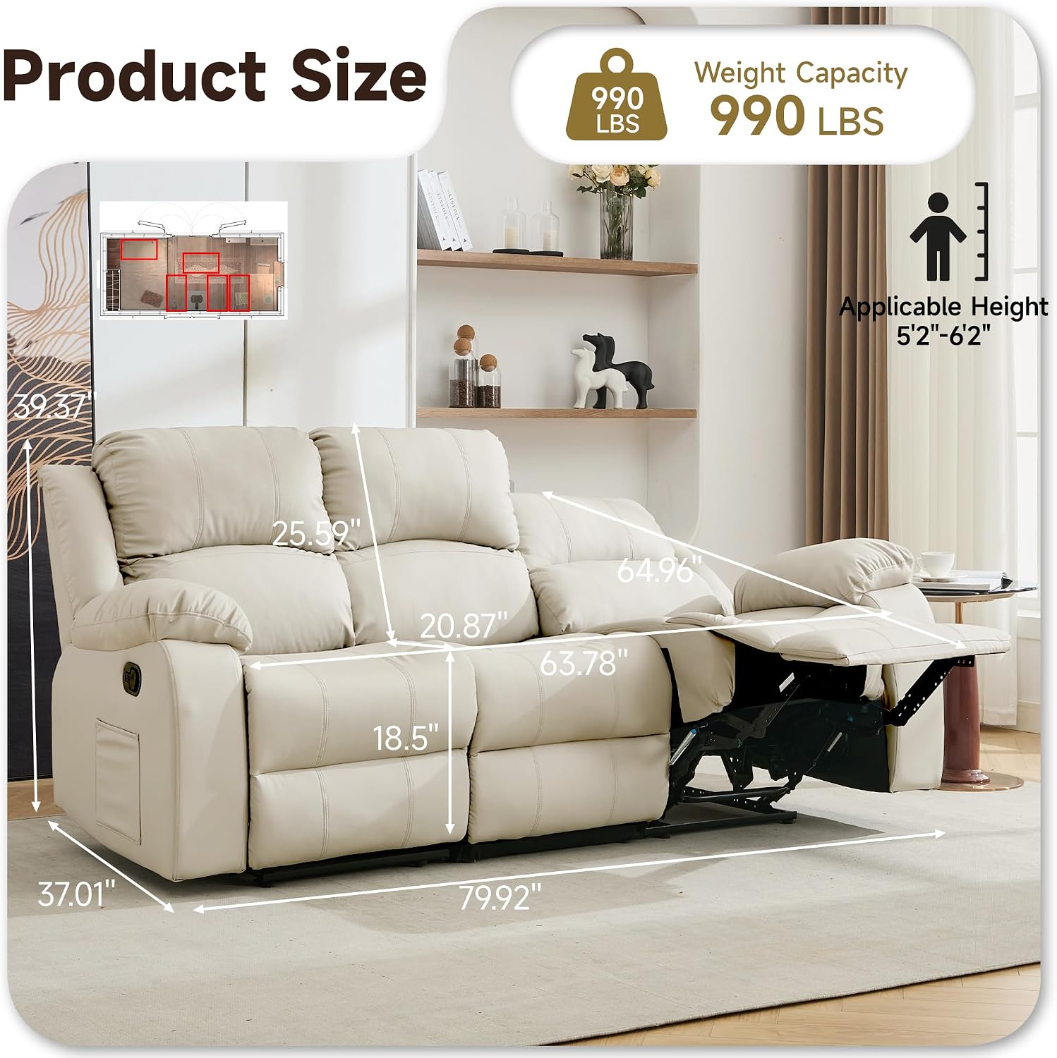 Reclining Loveseat Sofa Leather Recliner Sofa 3 Seater Couch for Living Room, Home Theater Seating(3 Seat,Beige)