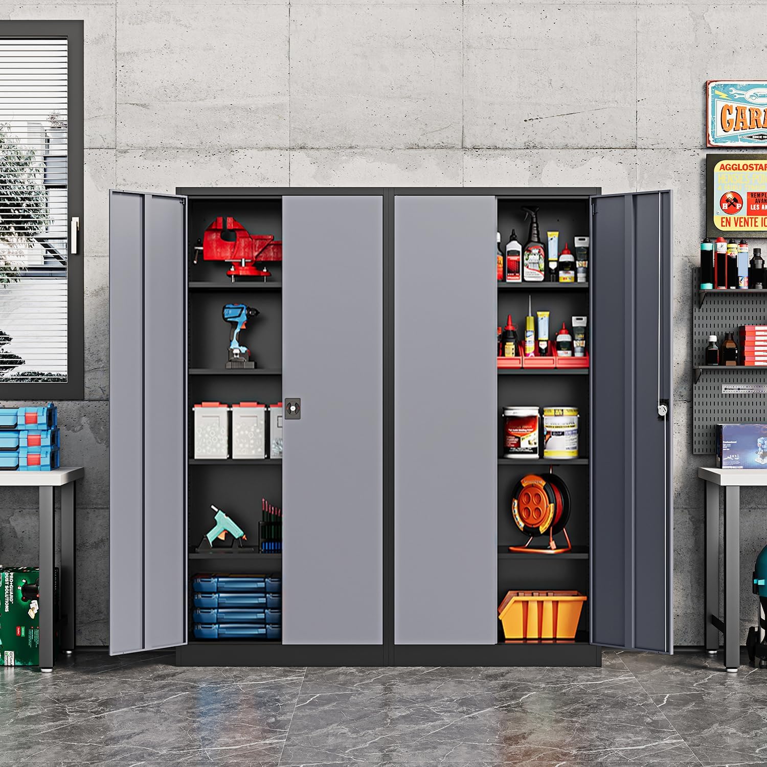 Fesbos Metal Storage Cabinet-72' Tall Steel File Cabinets with Lockable Doors and Adjustable Shelves-Black&Gray Steel Storage Cabinet for Kitchen, Office, Garage