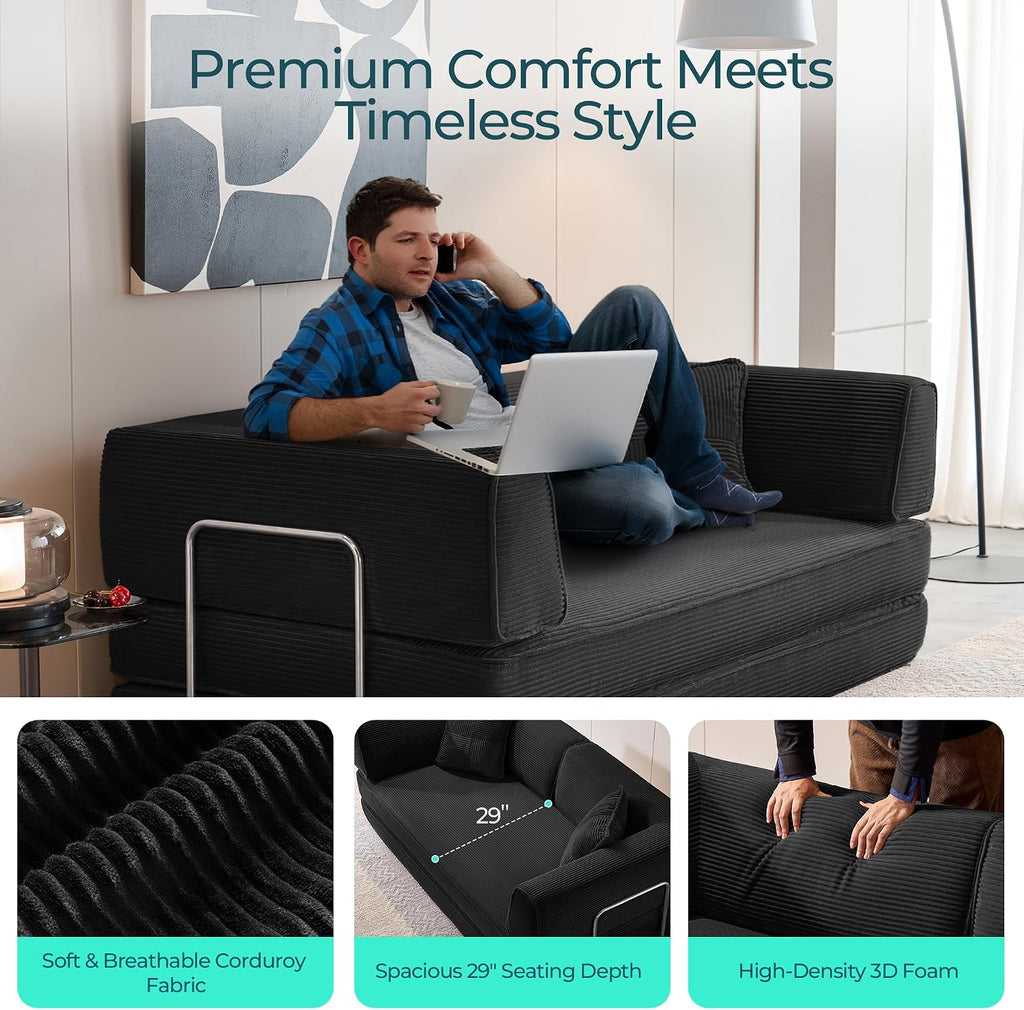 LINSY HOME Sofa Bed Couch - Convertible Boneless Couch Bed with 2 Pillow (Black) | Folding Sofa Bed