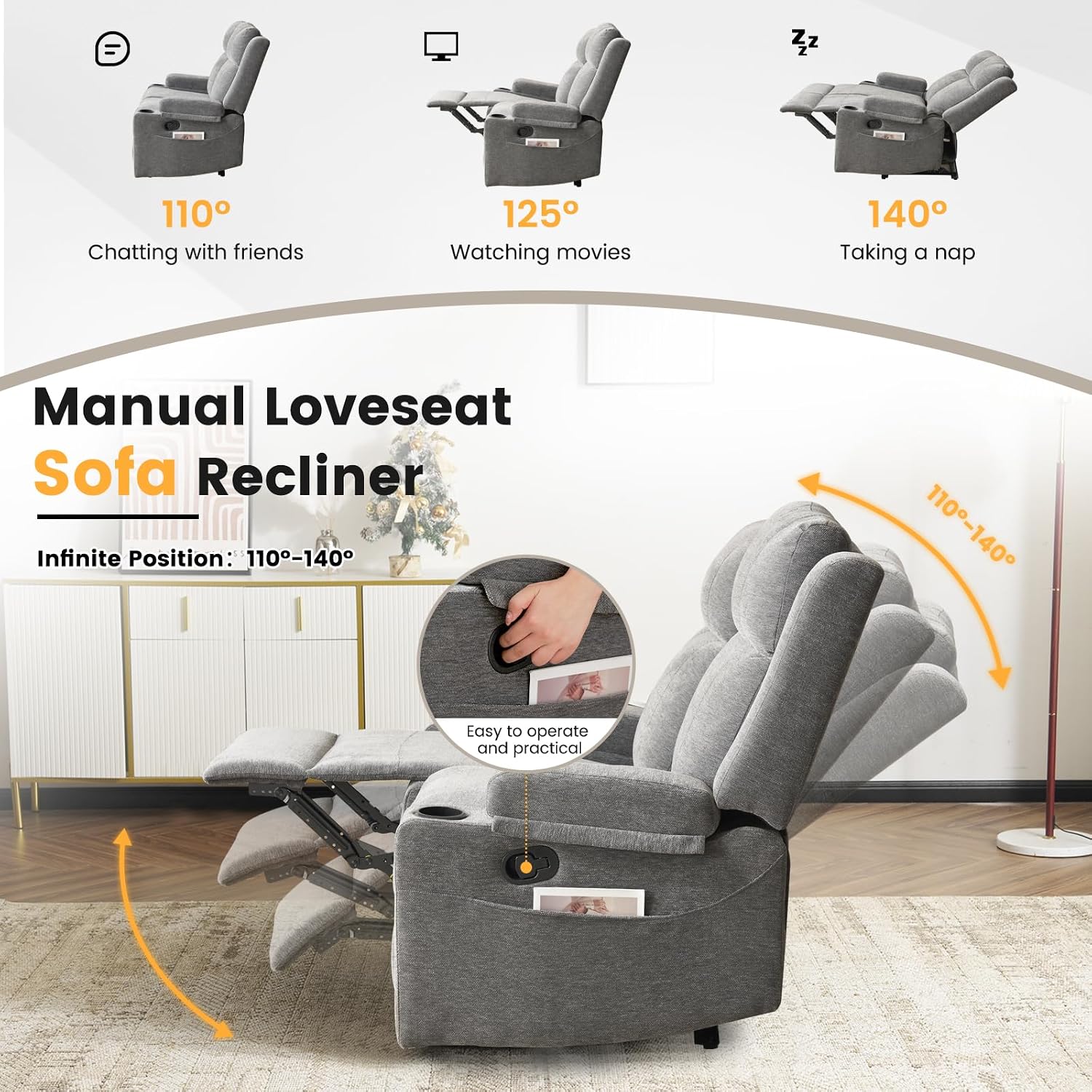 Loveseat Recliner, Double Recliner Loveseat with Adjustable Footrest & Cup Holder, Wall Hugger Recliner for Living Room & Home Theater & RV(Gray)