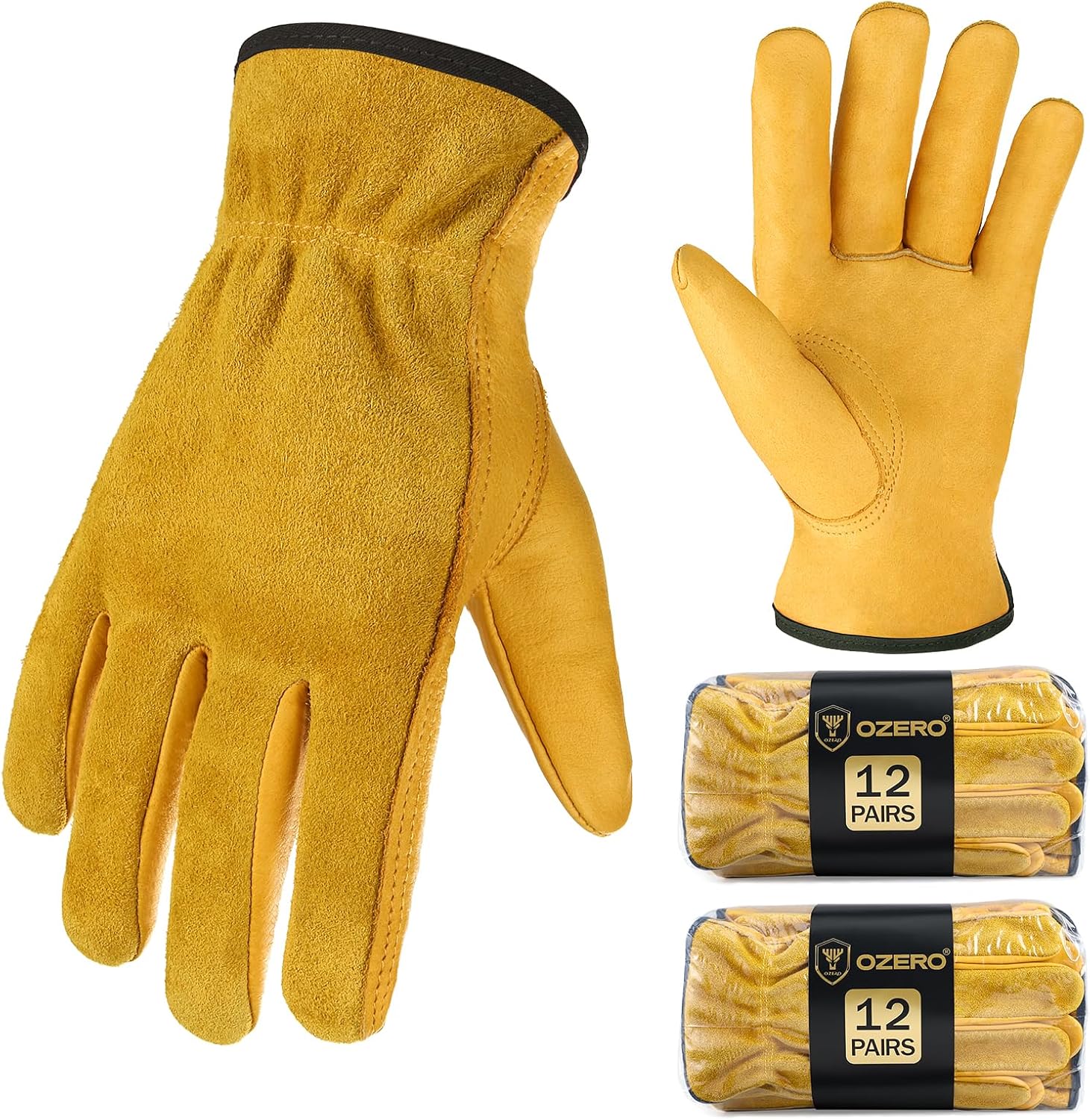 OZERO Leather Work Gloves for Men & Women, 24 Pairs Bulk Genuine Cowhide Garden Gloves, Lab Tested EN388 2143X, Flexible Grip, Breathable Unlined Comfort, Elastic Wrist (Gold, Medium)